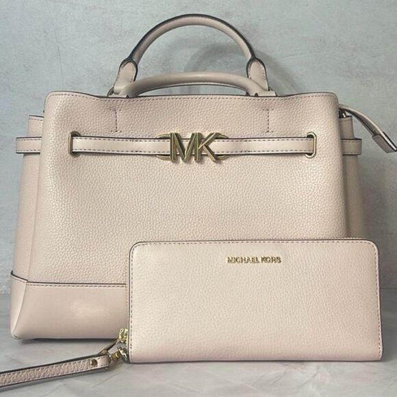 Michael Kors Reed Large CZ Belted Satchel + Matching Wallet Powder Blush Pink - Picture 1 of 15